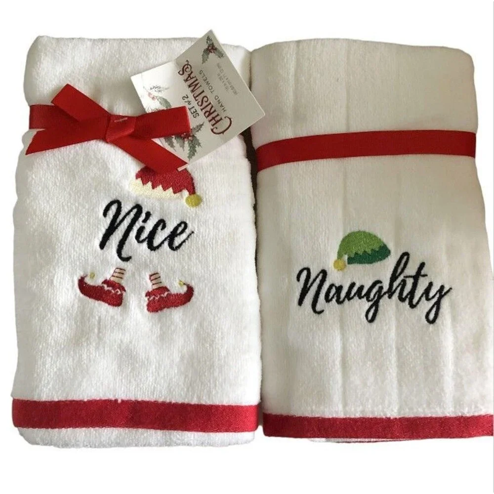 Christmas Naughty Nice Elf Hand Towels Set of 2 Bathroom Red White Holiday Bath